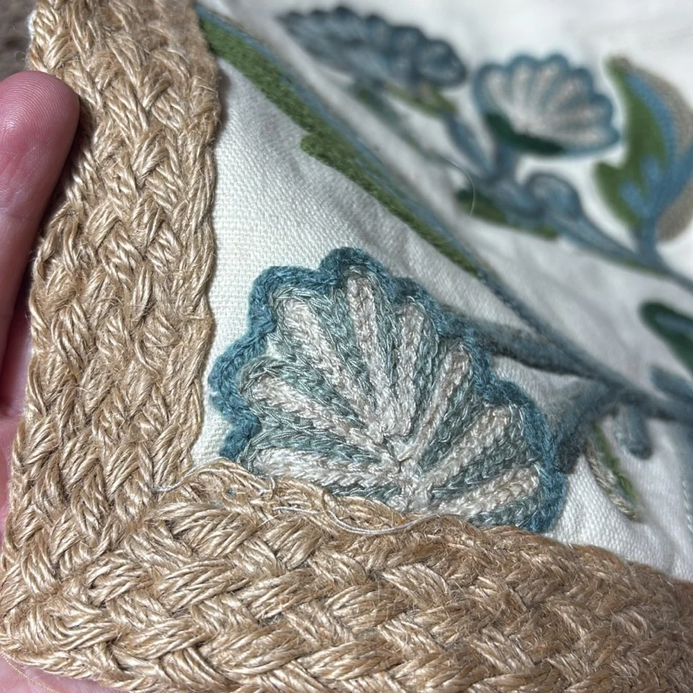 Pottery Barn Cream Pillow Cover with Blue and Green Floral Embroidery
